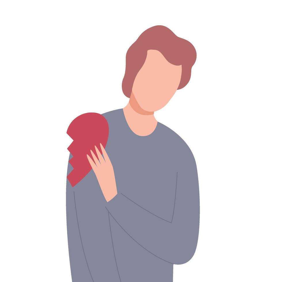 Lonely Frustrated Man with Half of Broken Heart, Unrequited Love Flat Illustration vector
