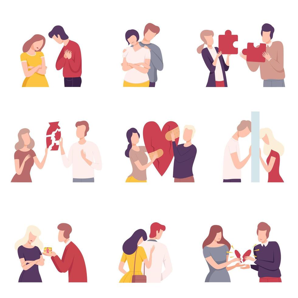 People Trying to Save Love and Friendship Set, Couple Trying to Connect Broken Heart Flat Illustration vector