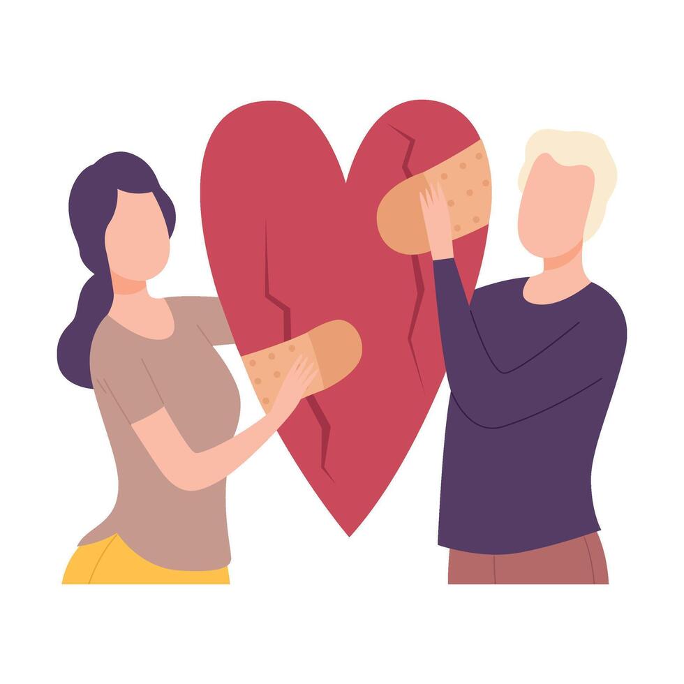 Young Man and Girl Sealing Broken Heart with Medical Plaster, People Trying to Save Love and Friendship Flat Illustration vector