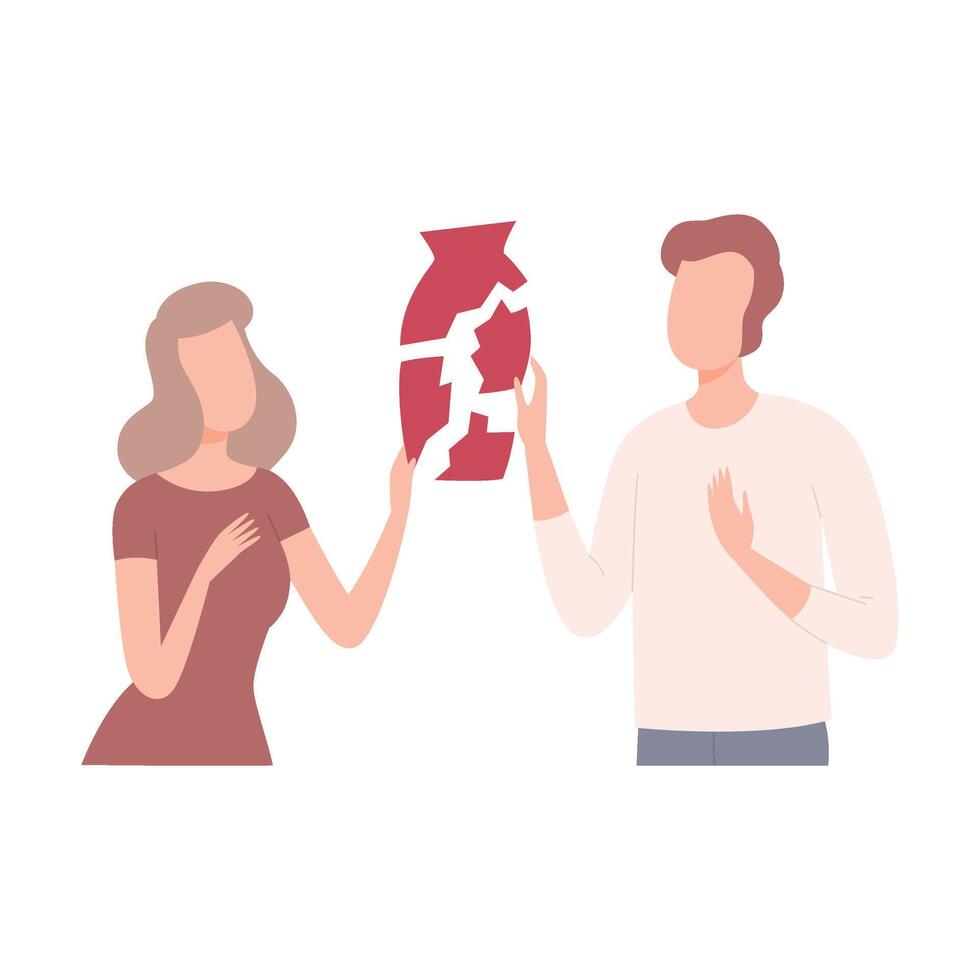 Young Man and Woman Gluing Broken Vessel, People Trying to Save Love and Friendship Flat Illustration vector