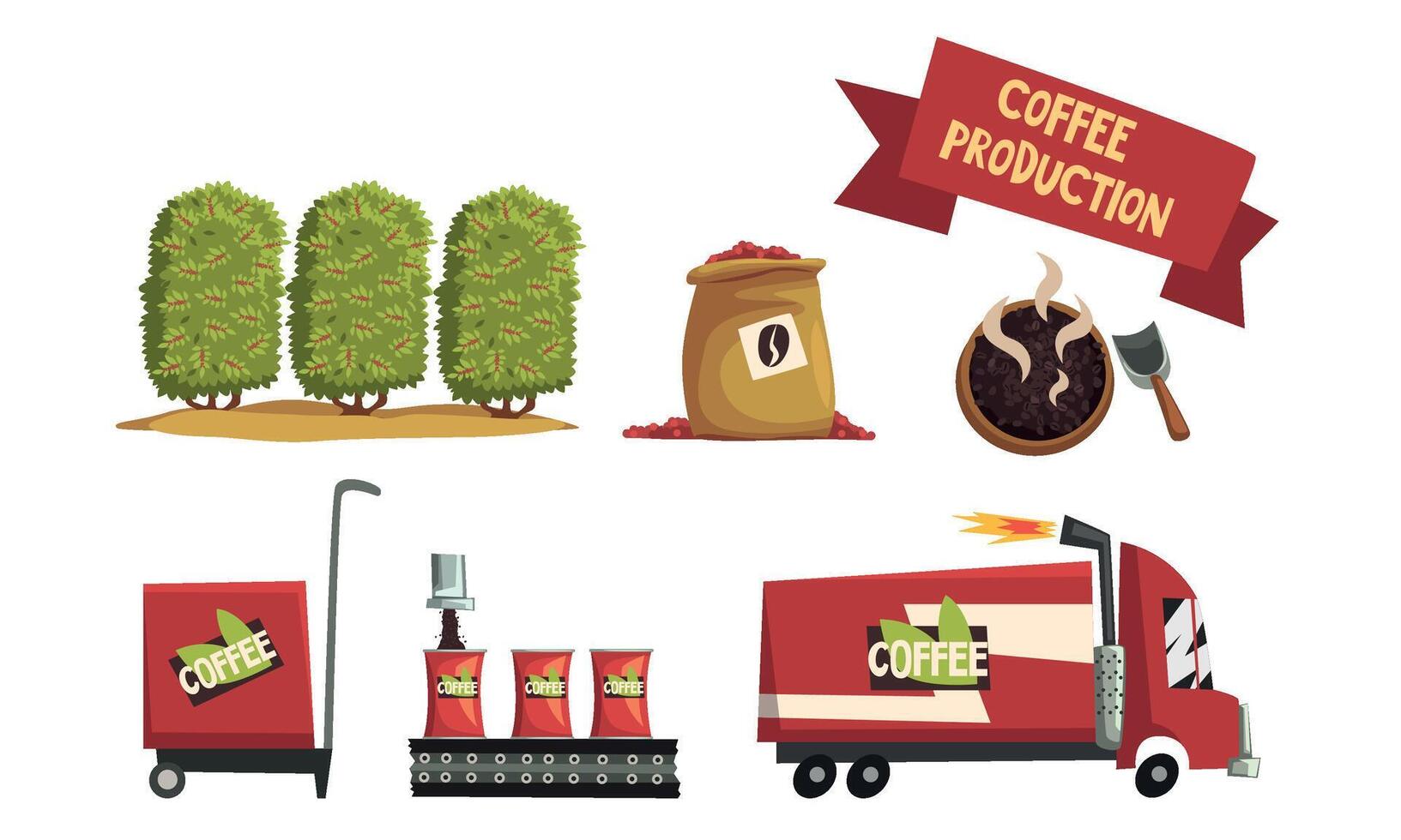 Coffee Production Process Collection, Harvesting, Roasting, Packing, Logistics Illustration Isolated on White Background vector