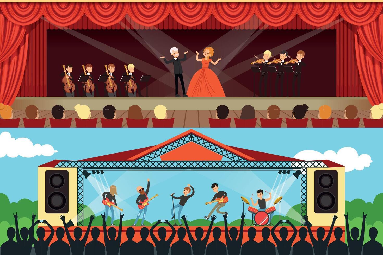 Opera Singers and Rock Band Performing on Stage in Front of Audience Illustration vector