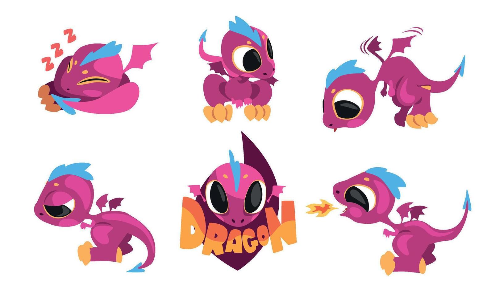 Adorable Purple Little Dragons Collection, Funny Fantasy Creatures Cartoon Character Illustration vector
