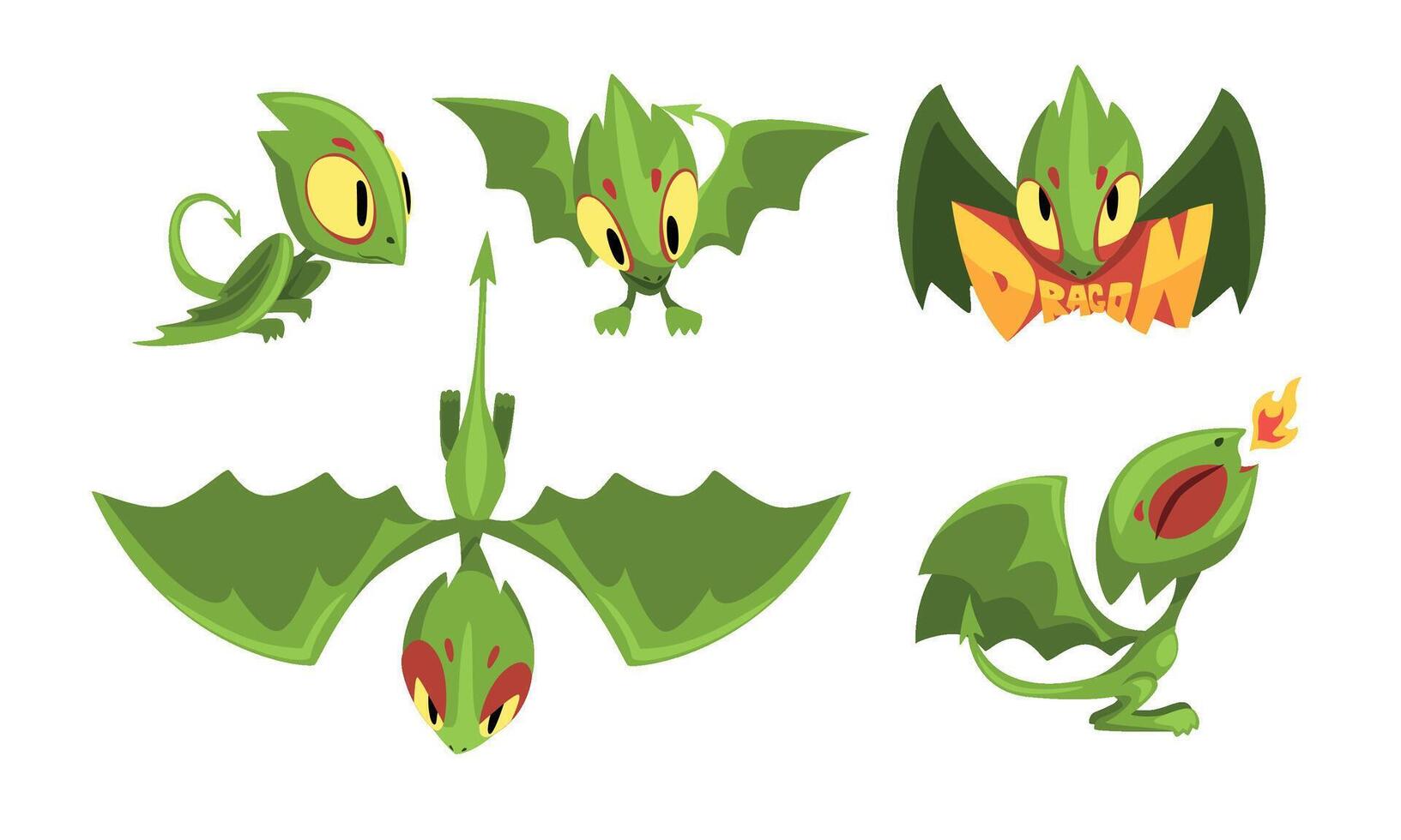 Adorable Green Little Dragons Collection, Funny Fantasy Creatures Cartoon Character Illustration vector