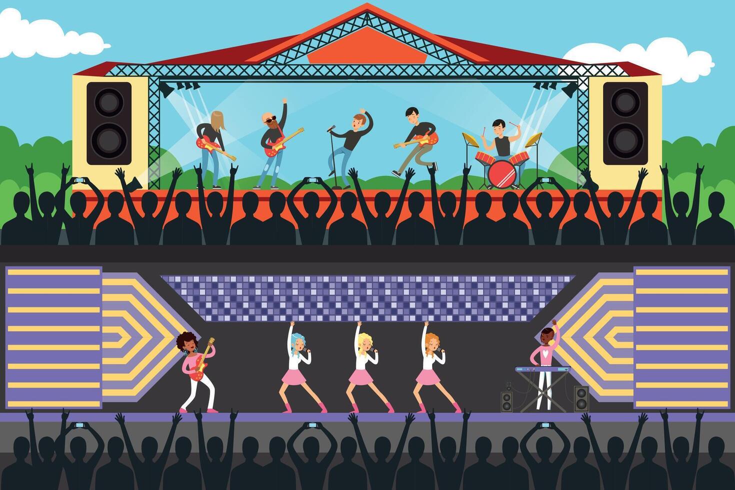 Boys and Girls Music Bband Performing on Stage in Front of Crowd Set, Silhouettes of Young Audience Coming to Concert Illustration vector