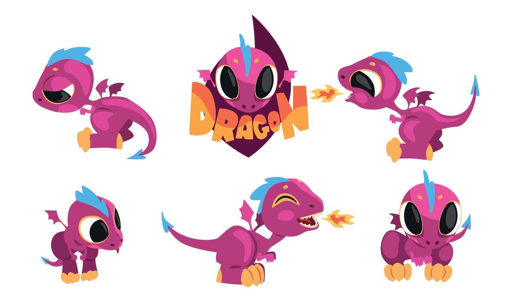 Adorable Purple Little Dragons Collection, Funny Fantasy Creatures Cartoon Character Illustration on White Background vector