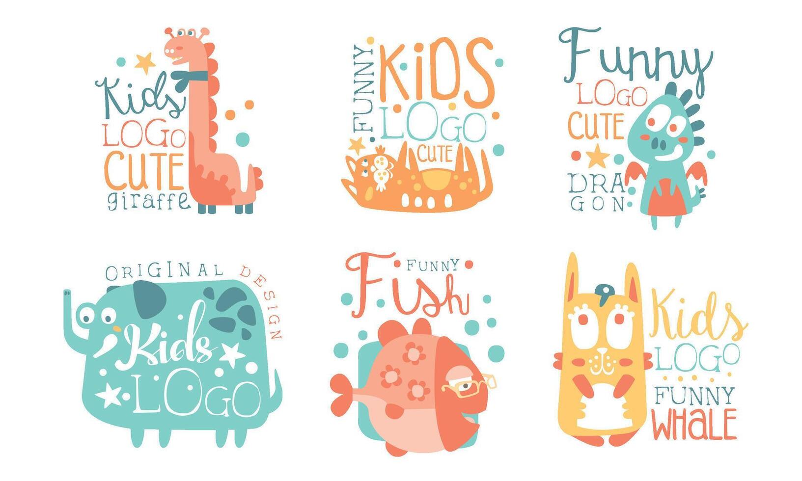 Collection of Kids Logo Original Design Templates with Cute Animals, Childish Colorful Hand Drawn Badges Illustration vector