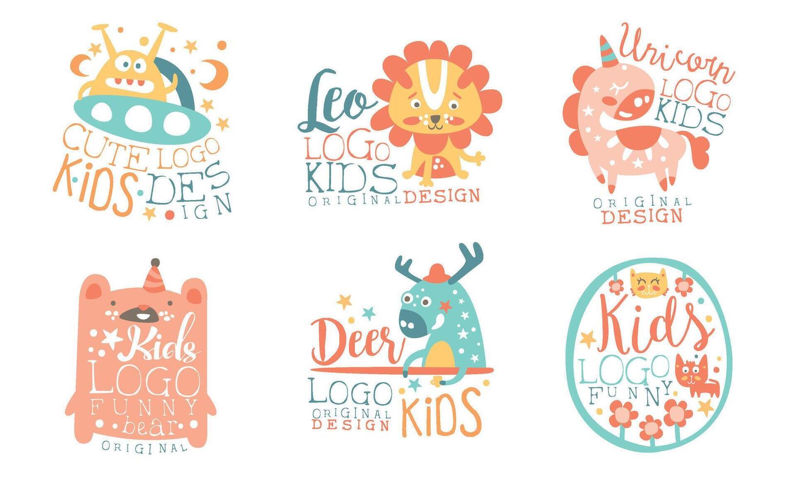 Collection of Kids Logo Original Design Templates with Cute Animals, Childish Colorful Hand Drawn Badges Illustration on White Background. vector