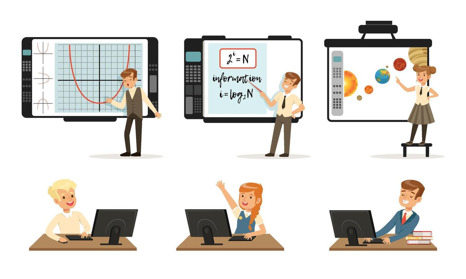 School Children at Informatics or Programming Lesson Collection, Students Working on Computers and Standing in Front of Interactive Whiteboard Illustration vector