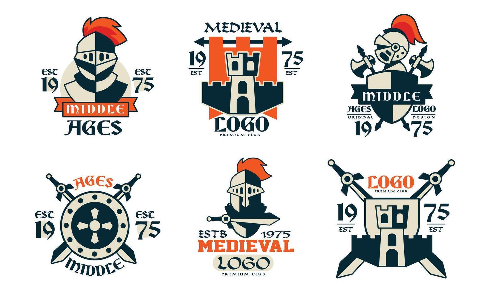 Middle Ages Logo Design Collection, Medieval Premium Club Badges Illustration on White Background vector