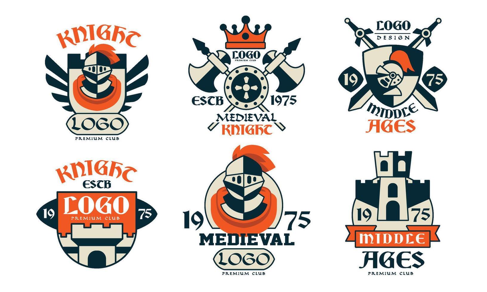 Medieval Logo Design Collection, Middle Ages Knight Club Badges Illustration on White Background vector
