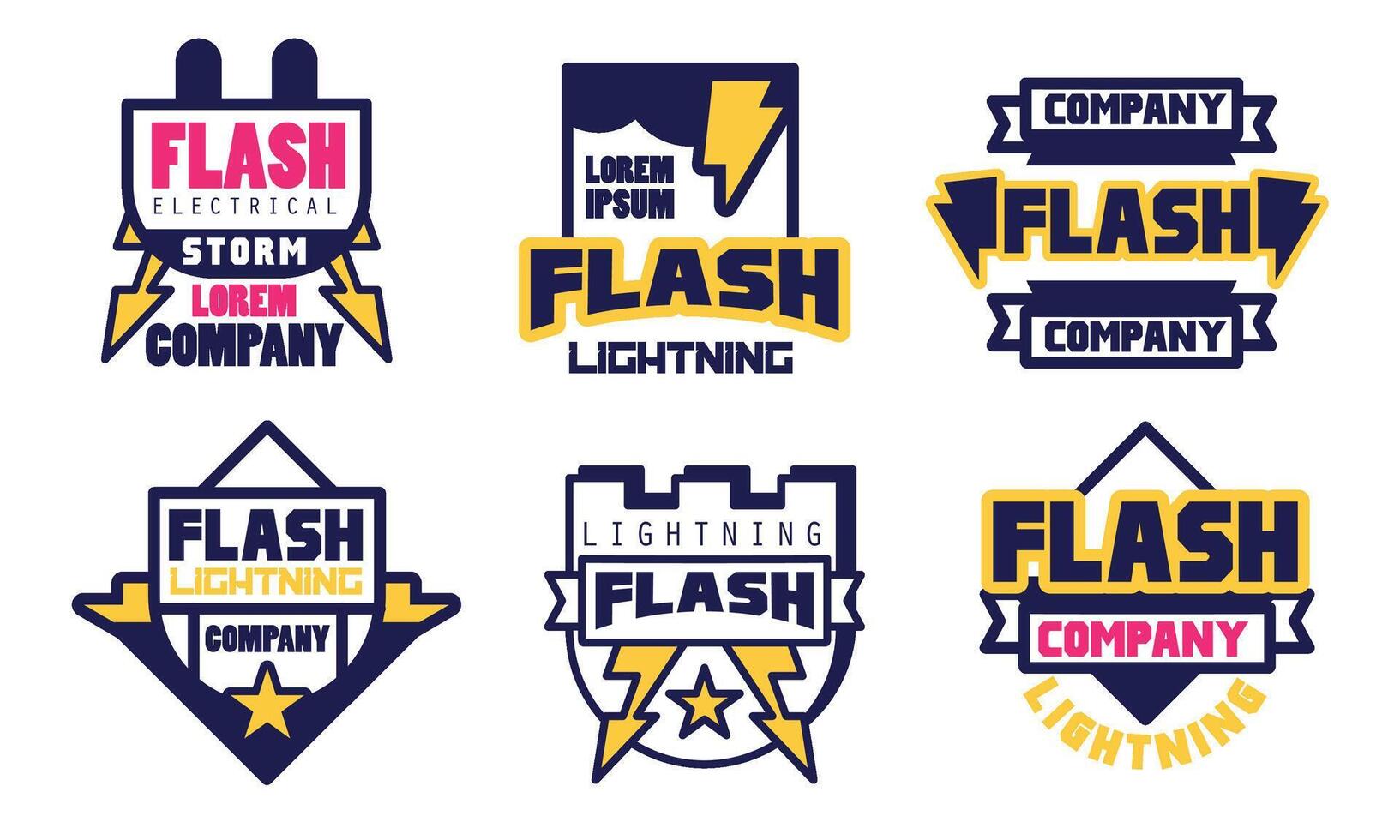 Flash Lightning Logo Templates Collection, Electrical Storm Company Bright Badges Illustration on White Background vector