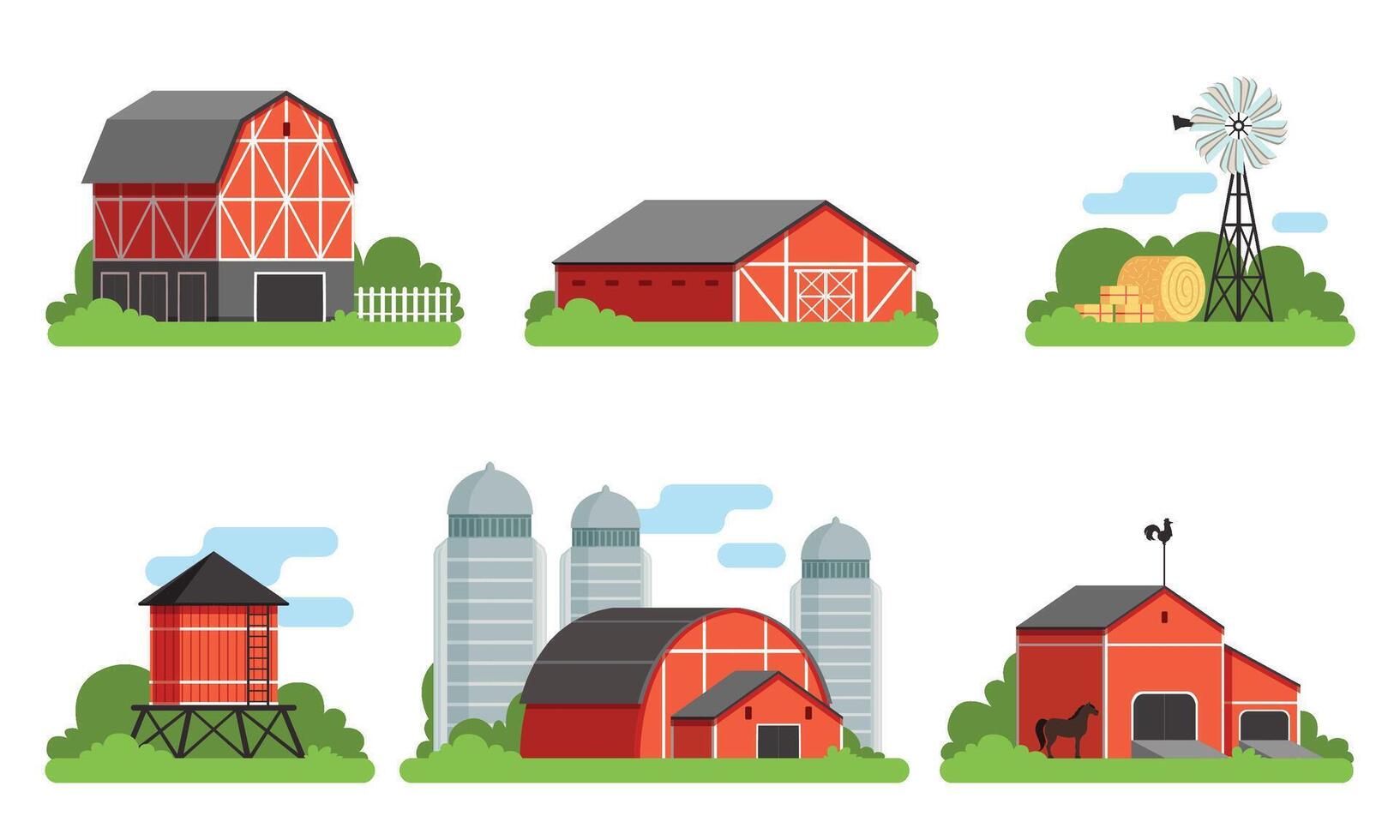 Agricultural Buildings Collection, Countryside Life and Industrial Objects, Farm House, Barn, Silo Towers Illustration vector