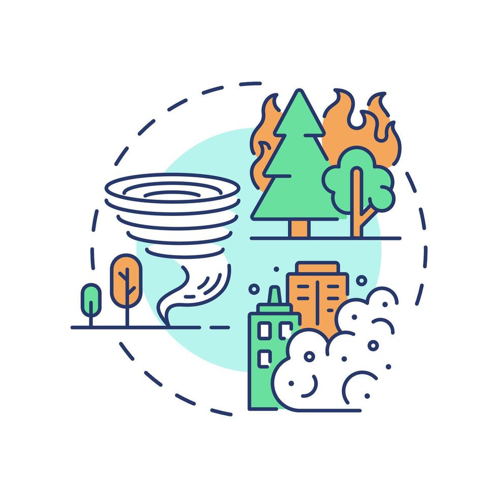 Natural disasters multi color concept icon. Type of critical events. Travel risk management service. Round shape line illustration. Abstract idea. Graphic design. Easy to use in presentation vector