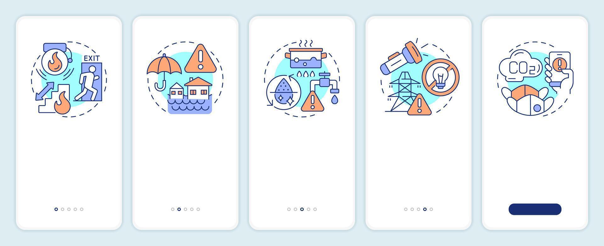 Safety and emergency alerts onboarding mobile app screen. Walkthrough 5 steps editable graphic instructions with linear concepts. UI, UX, GUI template vector