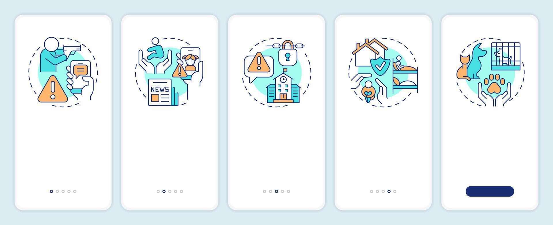 Public safety onboarding mobile app screen. Emergency response. Walkthrough 5 steps editable graphic instructions with linear concepts. UI, UX, GUI template vector