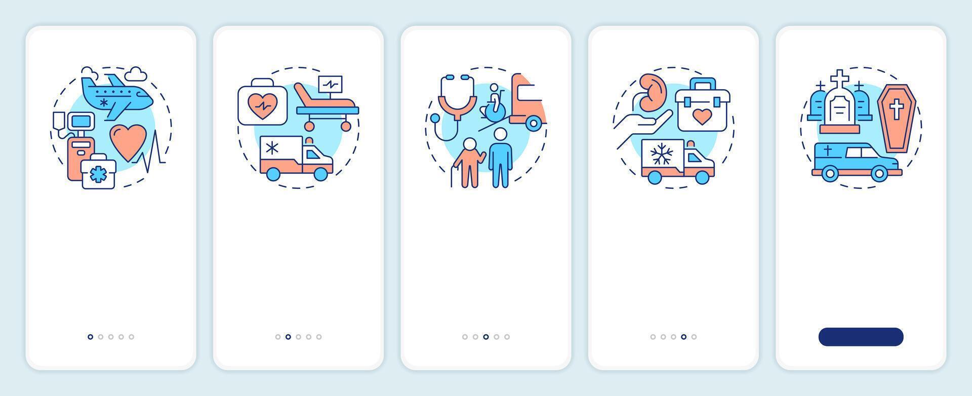 Medical transportation services onboarding mobile app screen. Walkthrough 5 steps editable graphic instructions with linear concepts. UI, UX, GUI template vector