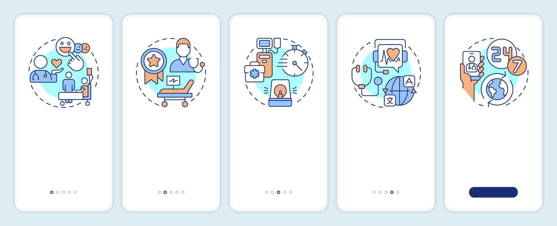 Quality of medical services onboarding mobile app screen. Walkthrough 5 steps editable graphic instructions with linear concepts. UI, UX, GUI template vector