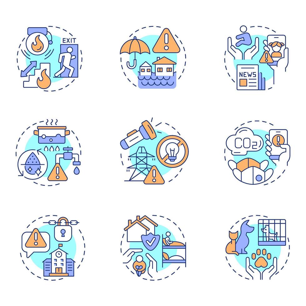 Emergency responses multi color concept icons. Dealing with threats and crisis. Public safety development. Icon pack. Round shape illustrations for brochure. Abstract idea vector