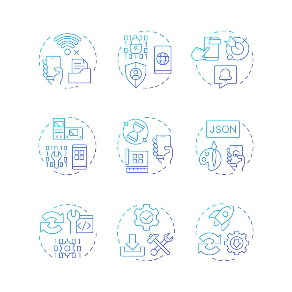 Progressive web app blue gradient concept icons. Platform based development of PWA. Software and technology. Icon pack. Round shape illustrations for brochure. Abstract idea vector