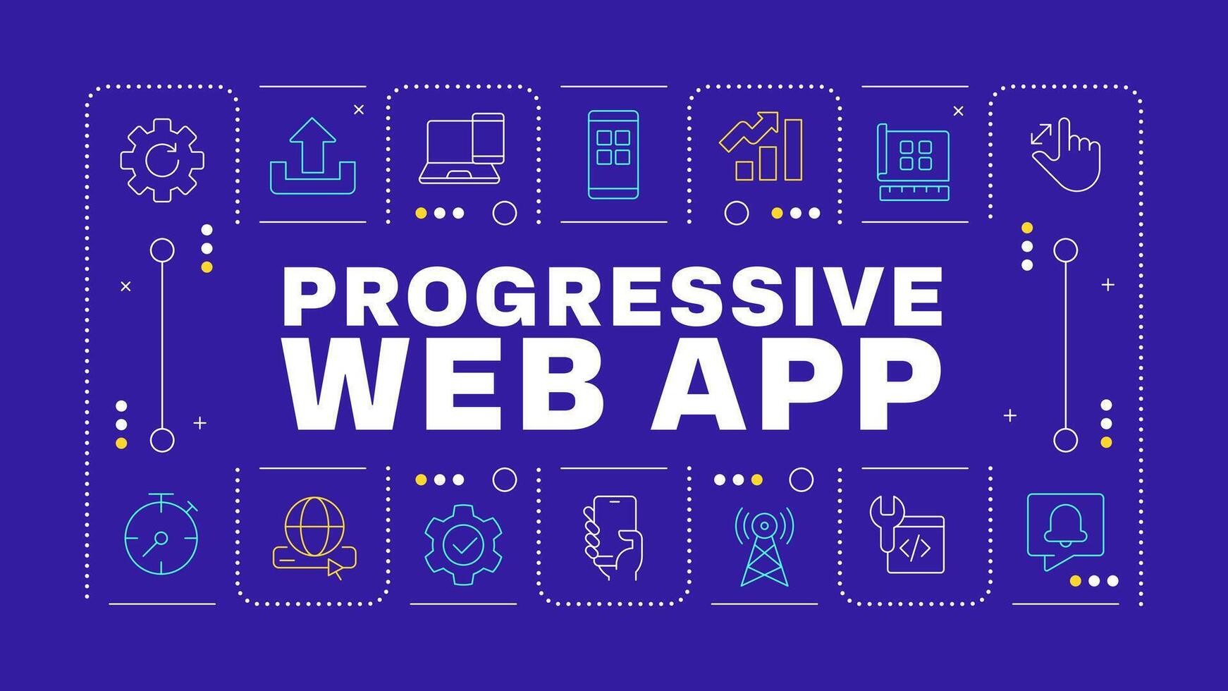 Progressive web app dark purple word concept. PWA advantages and components. Software development. Horizontal image. Headline text surrounded by editable outline icons vector