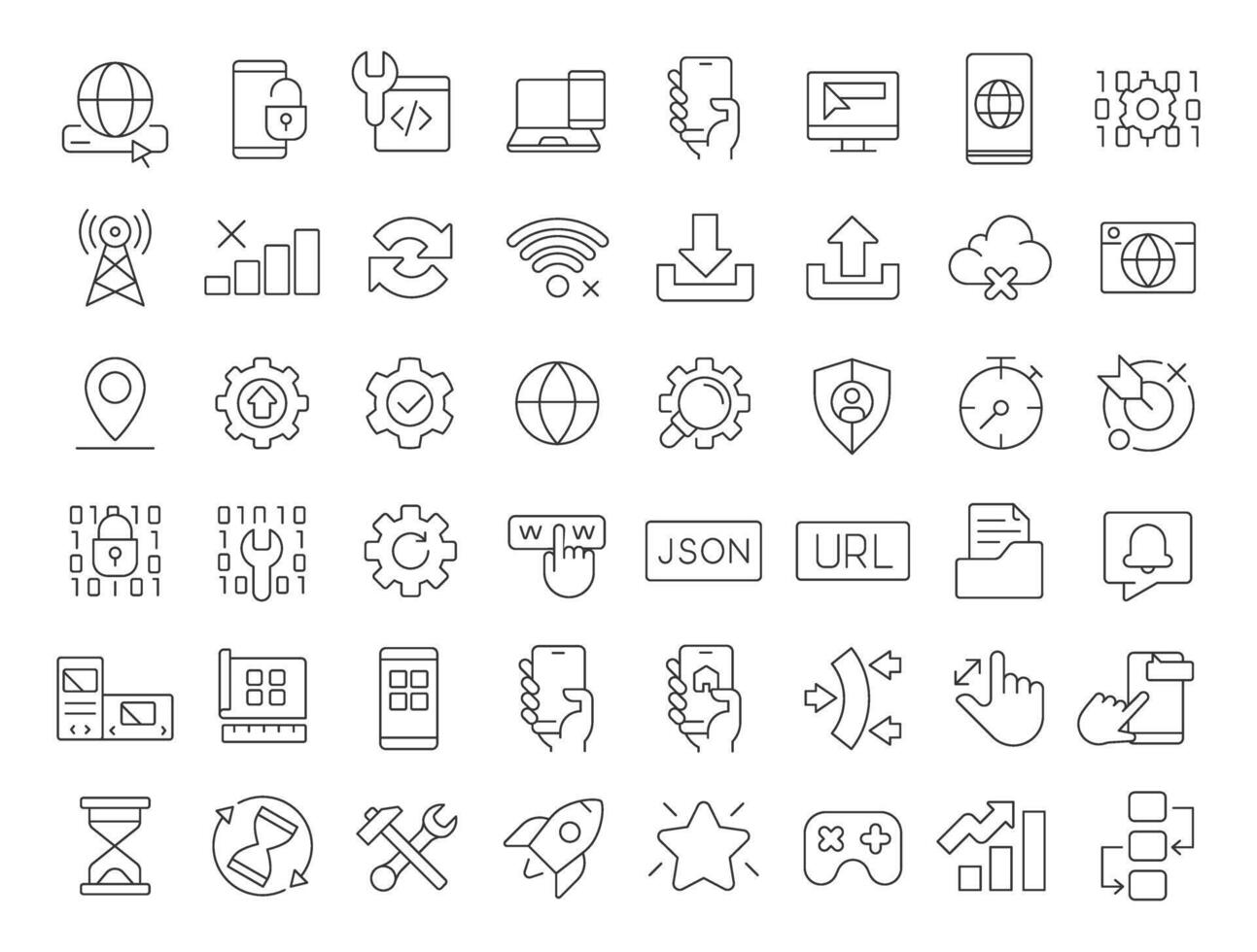 Progressive web app linear icons set. PWA development platform service. Digital technology application. Customizable thin line symbols. Isolated outline illustrations. Editable stroke vector