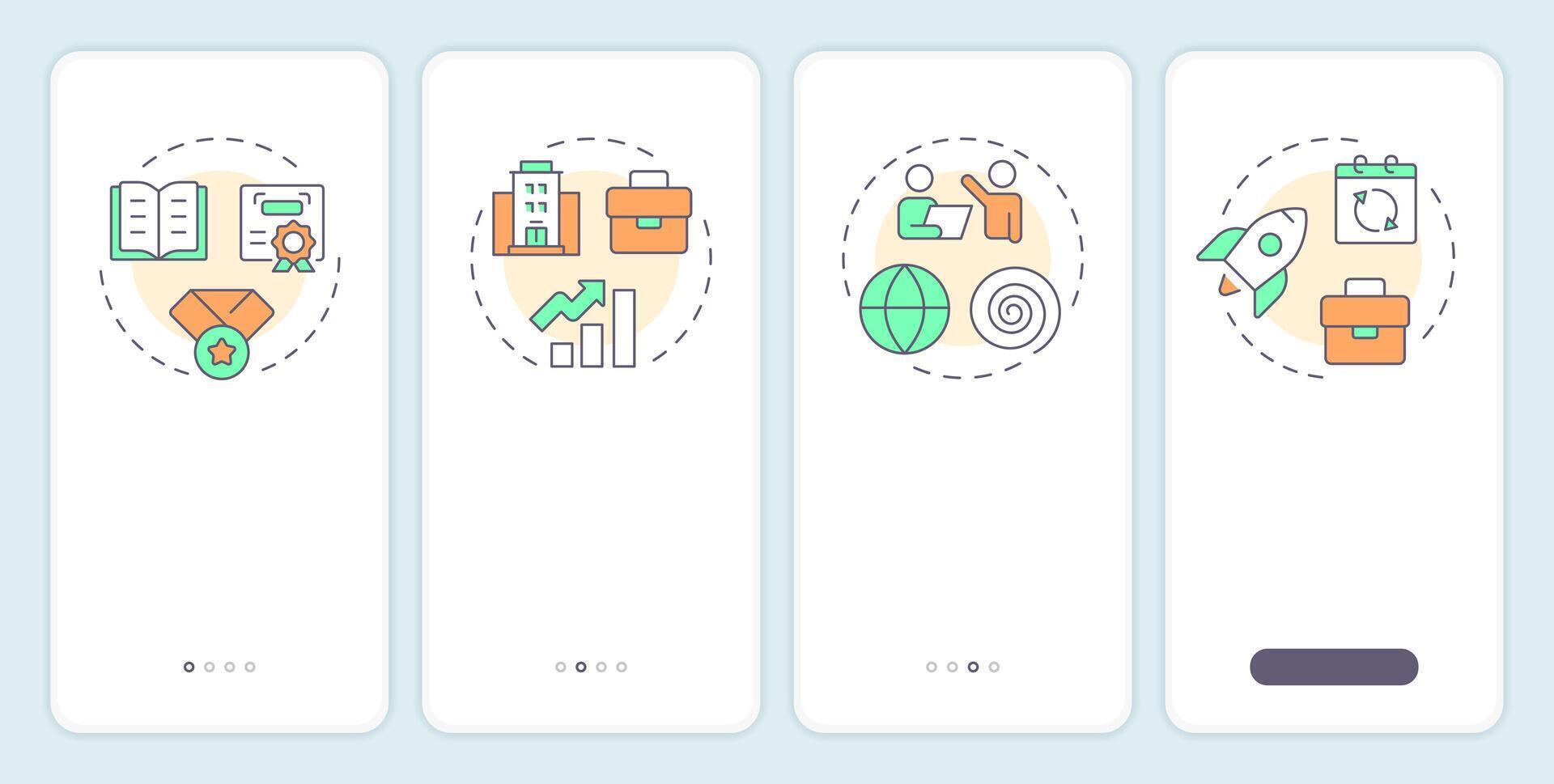 Career concepts onboarding mobile app screen. Employee growth. Walkthrough 4 steps editable graphic instructions with linear concepts. UI, UX, GUI template vector