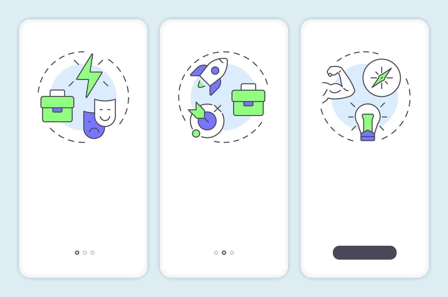 Career planning onboarding mobile app screen. Skill development. Walkthrough 3 steps editable graphic instructions with linear concepts. UI, UX, GUI template vector