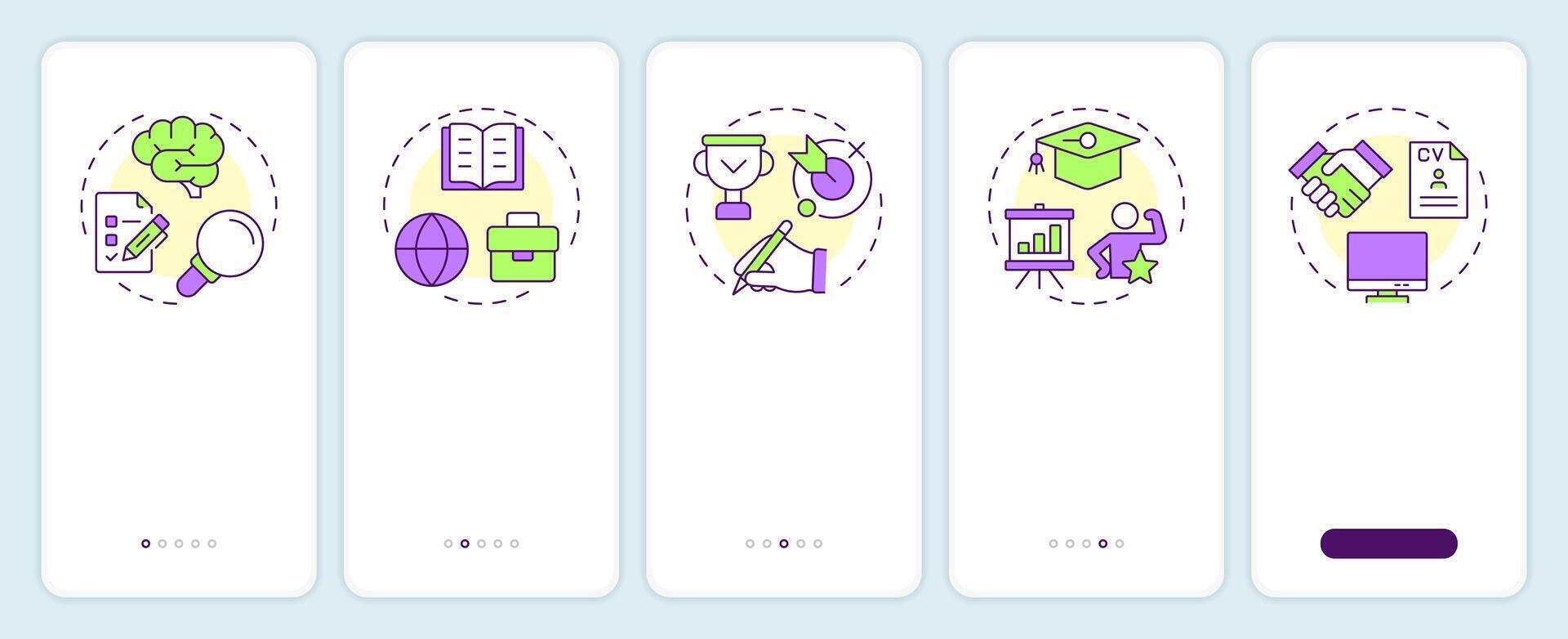 Career planning process onboarding mobile app screen. Walkthrough 5 steps editable graphic instructions with linear concepts. UI, UX, GUI template vector