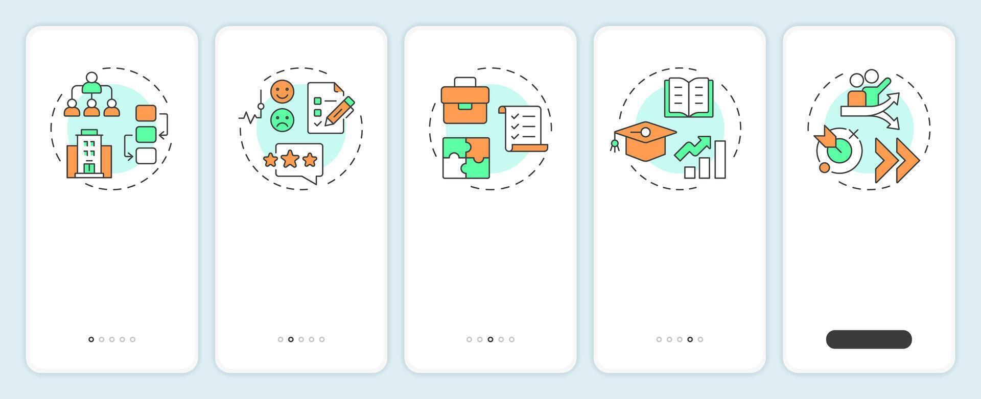 Career progression plan onboarding mobile app screen. Walkthrough 5 steps editable graphic instructions with linear concepts. UI, UX, GUI template vector