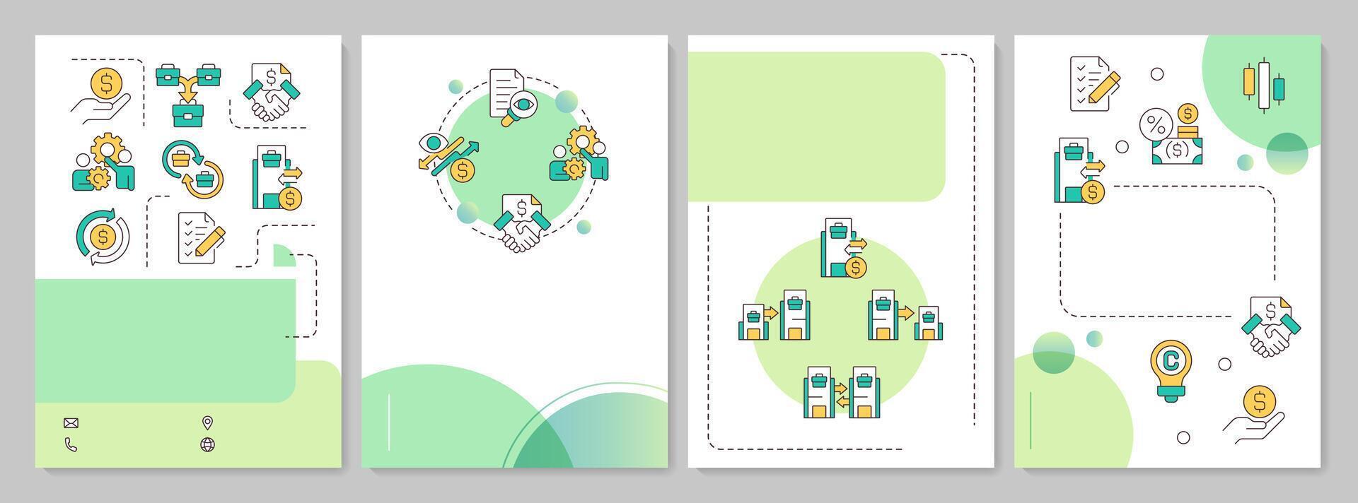Intercompany transactions green circle brochure template. B2B financial relationship. Leaflet design with linear icons. Editable 4 layouts vector