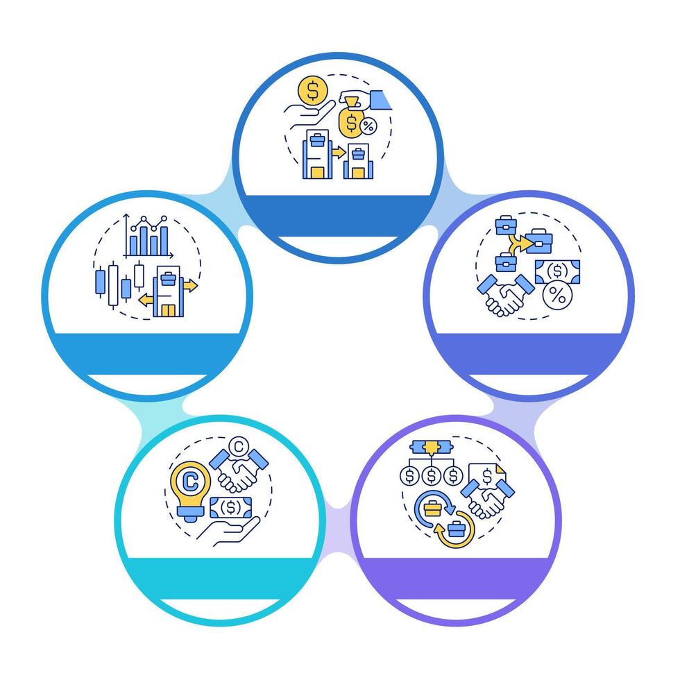 Intercompany transactions infographic circles flowchart. Business activities and finances. Visualization diagram with 5 steps. Circular info graphic editable vector
