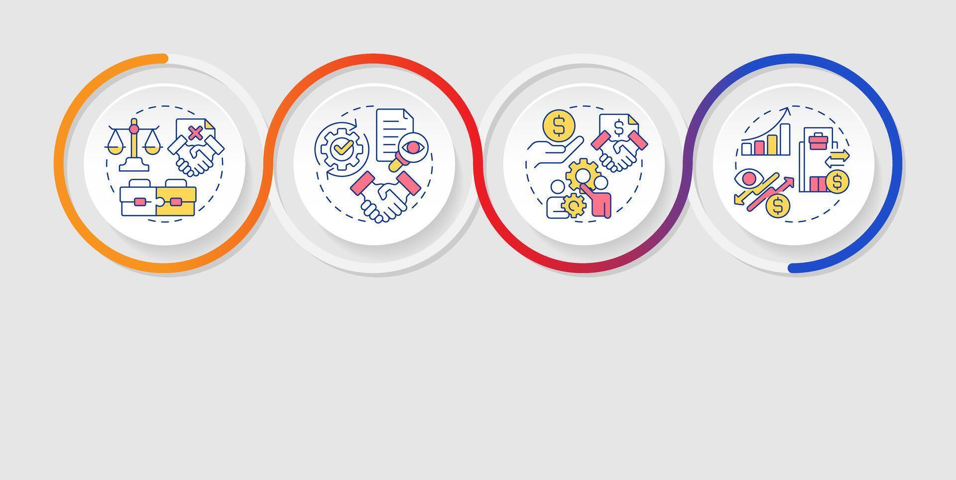 Benefits of intercompany accounting transactions infographics circles sequence. Finances. Visualization layout with 4 steps. Info chart loop process presentation vector