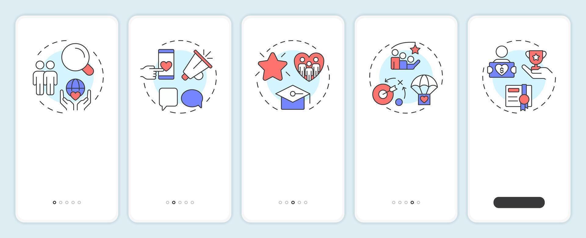 Volunteer management components onboarding mobile app screen. Walkthrough 5 steps editable graphic instructions with linear concepts. UI, UX, GUI template vector