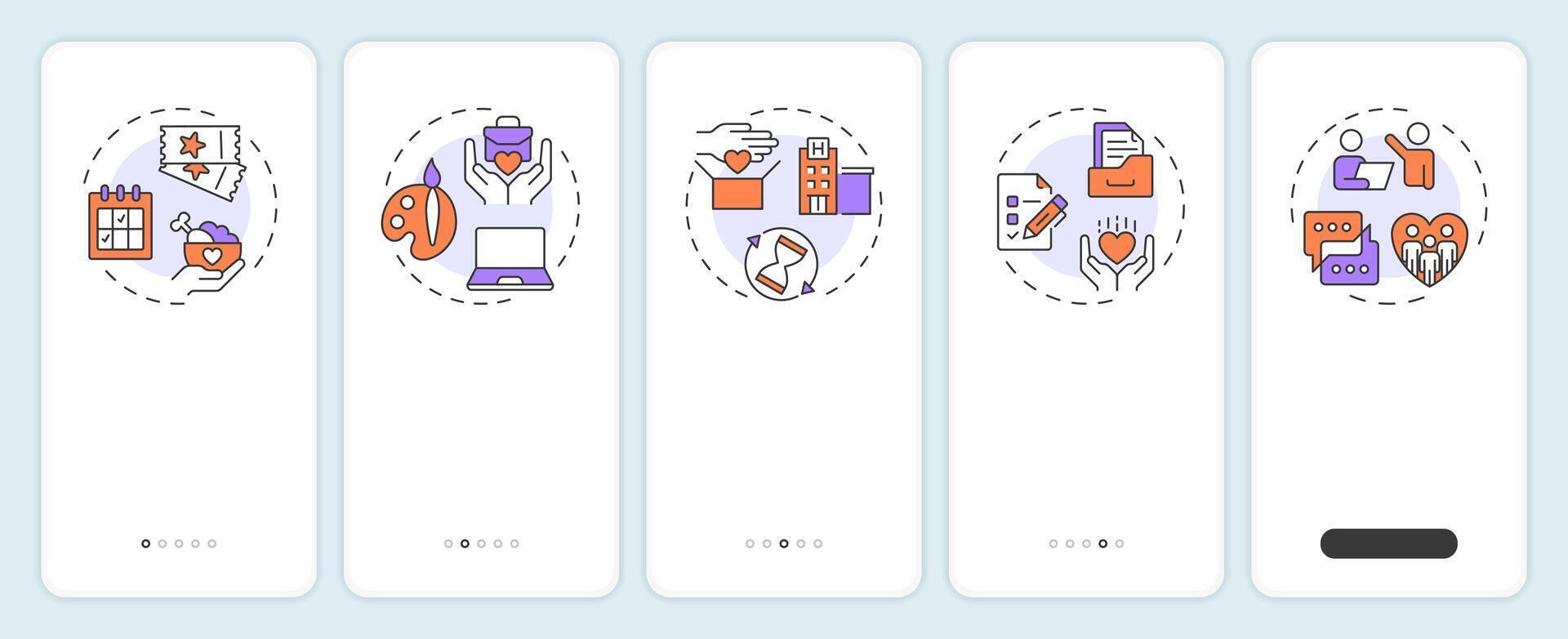 Types of volunteering onboarding mobile app screen. Walkthrough 5 steps editable graphic instructions with linear concepts. UI, UX, GUI template vector