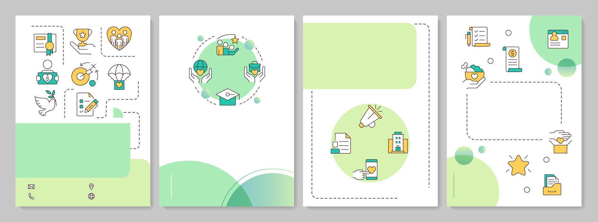 Volunteer engagement green circle brochure template. Non profit organization development. Leaflet design with linear icons. Editable 4 layouts vector