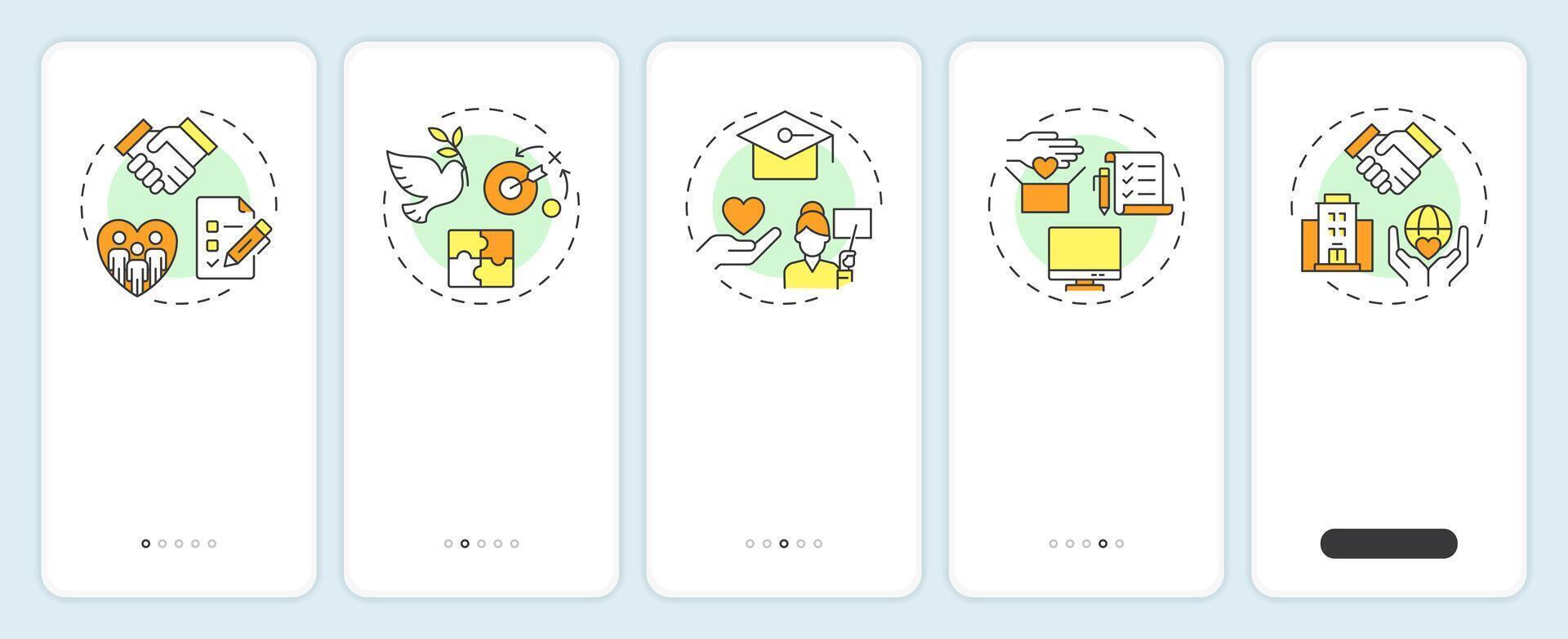 Volunteer program administration onboarding mobile app screen. Walkthrough 5 steps editable graphic instructions with linear concepts. UI, UX, GUI template vector
