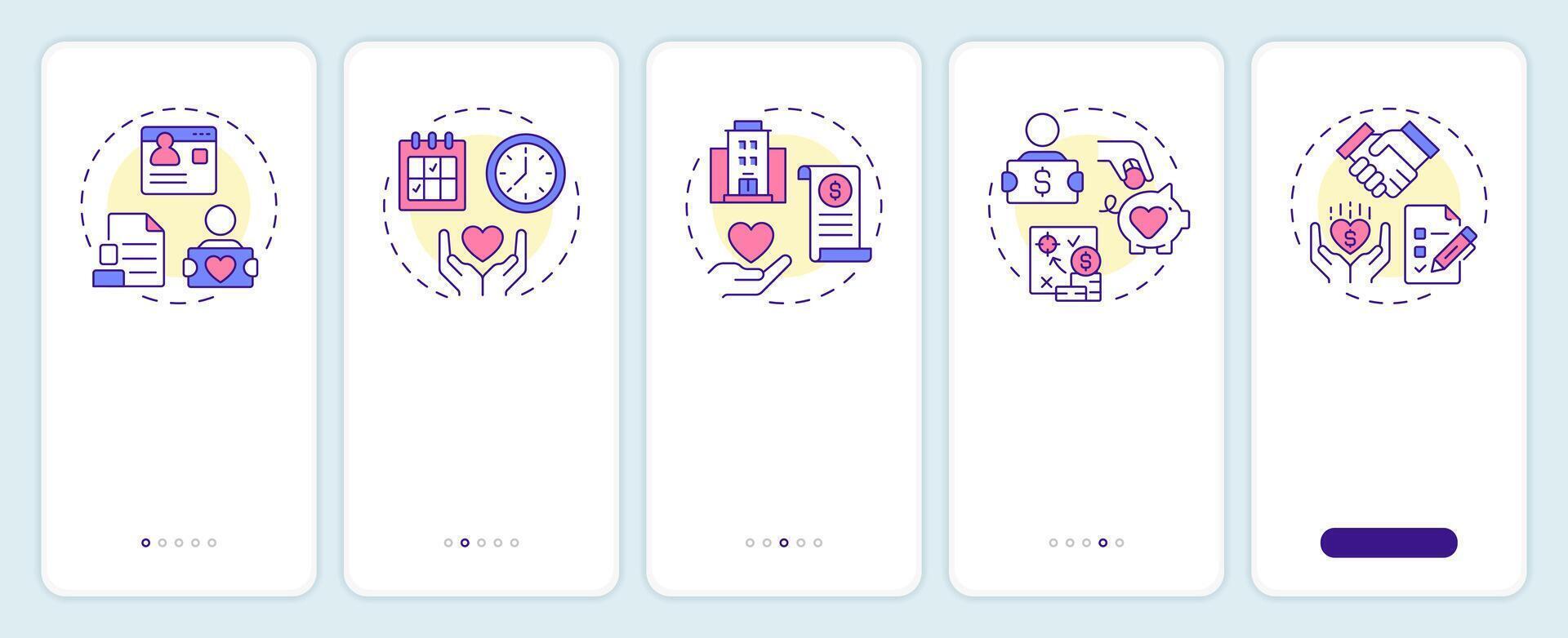 Volunteer activity tracking onboarding mobile app screen. Walkthrough 5 steps editable graphic instructions with linear concepts. UI, UX, GUI template vector