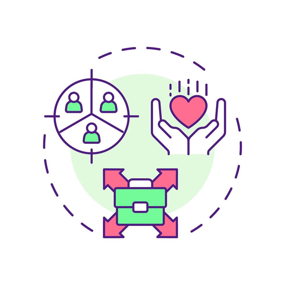 Volunteer segmentation multi color concept icon. Categorizing supports by skills. Contribution management. Round shape line illustration. Abstract idea. Graphic design. Easy to use in brochure vector