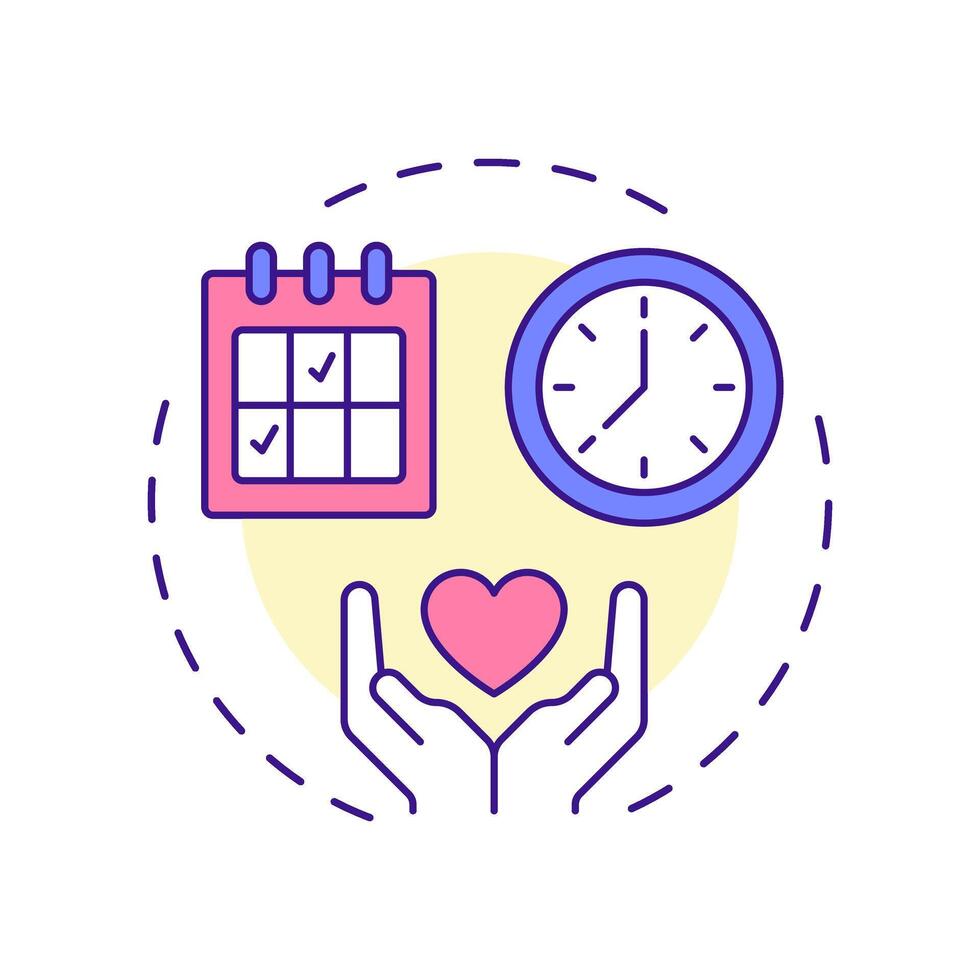 Volunteer hours multi color concept icon. Total time on organization tasks. Contribution activity tracking. Round shape line illustration. Abstract idea. Graphic design. Easy to use in brochure vector