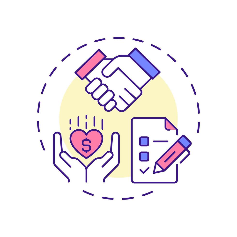 Donor management multi color concept icon. Organization relationship improvement. Volunteer activity tracking. Round shape line illustration. Abstract idea. Graphic design. Easy to use in brochure vector