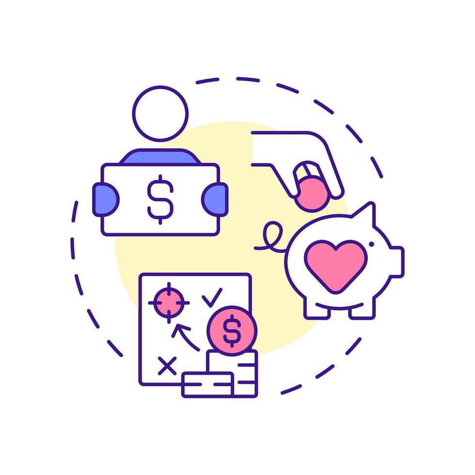 Volunteer fundraising multi color concept icon. Money for nonprofit organizations. Contribution activity tracking. Round shape line illustration. Abstract idea. Graphic design. Easy to use in brochure vector