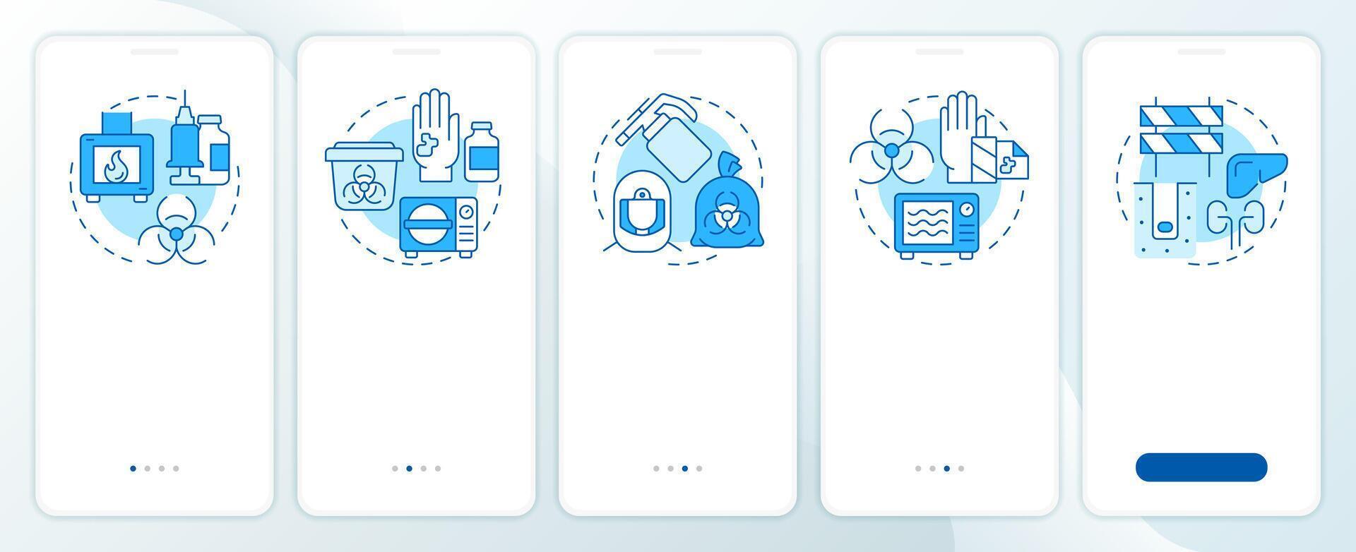 Medical waste treatment types blue onboarding mobile app screen. Walkthrough 5 steps editable graphic instructions with linear concepts. UI, UX, GUI vector