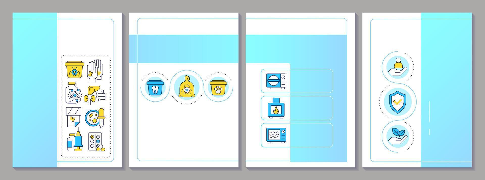 Biomedical waste management brochure layout. Biohazard containment, disposal. Leaflet advertising design with color line icons. Editable 4 pages vector