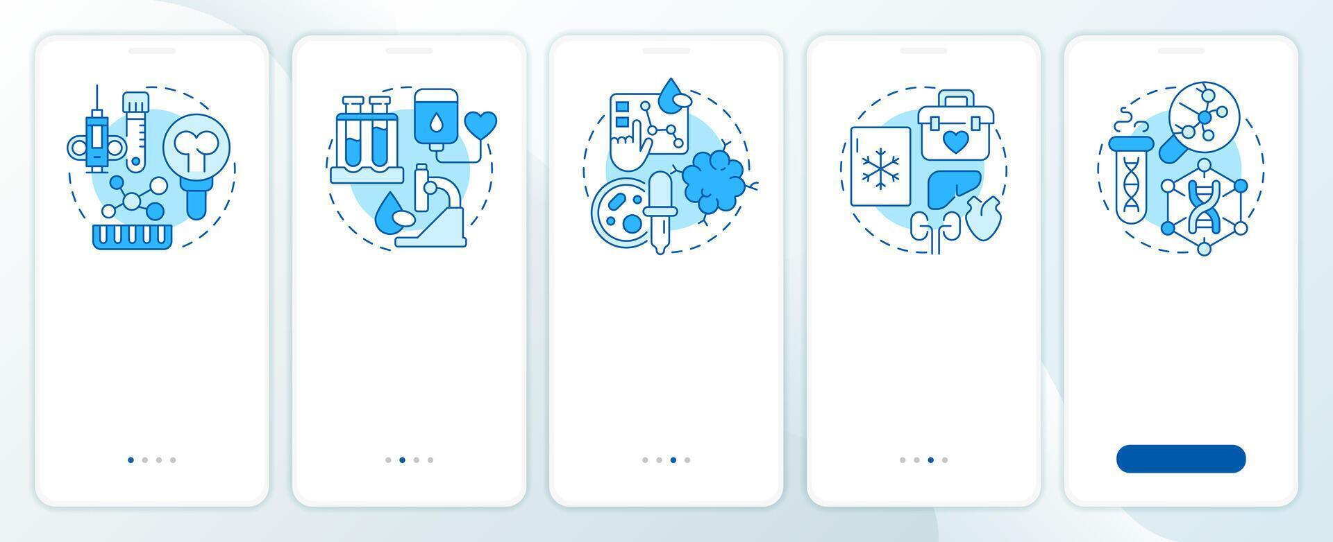 Types of biobanks blue onboarding mobile app screen. Biorepository. Walkthrough 5 steps editable graphic instructions with linear concepts. UI, UX, GUI vector