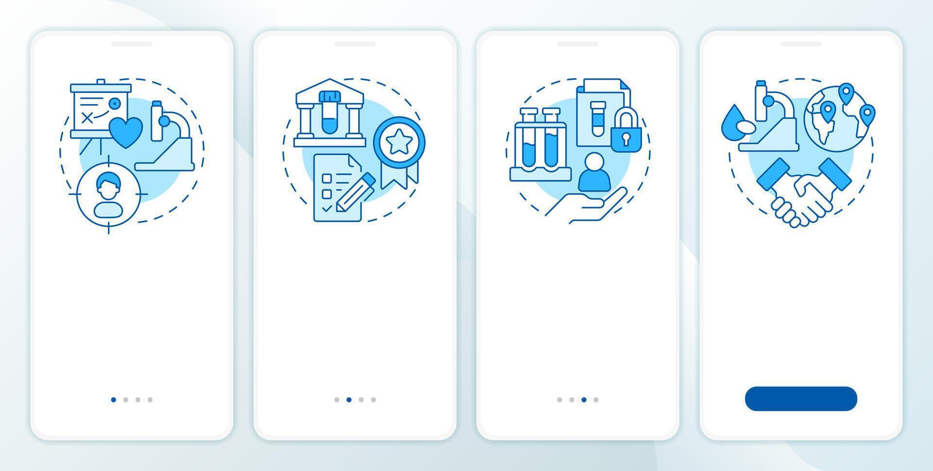 Benefits of biobanking blue onboarding mobile app screen. Medical research. Walkthrough 4 steps editable graphic instructions with linear concepts. UI, UX, GUI vector