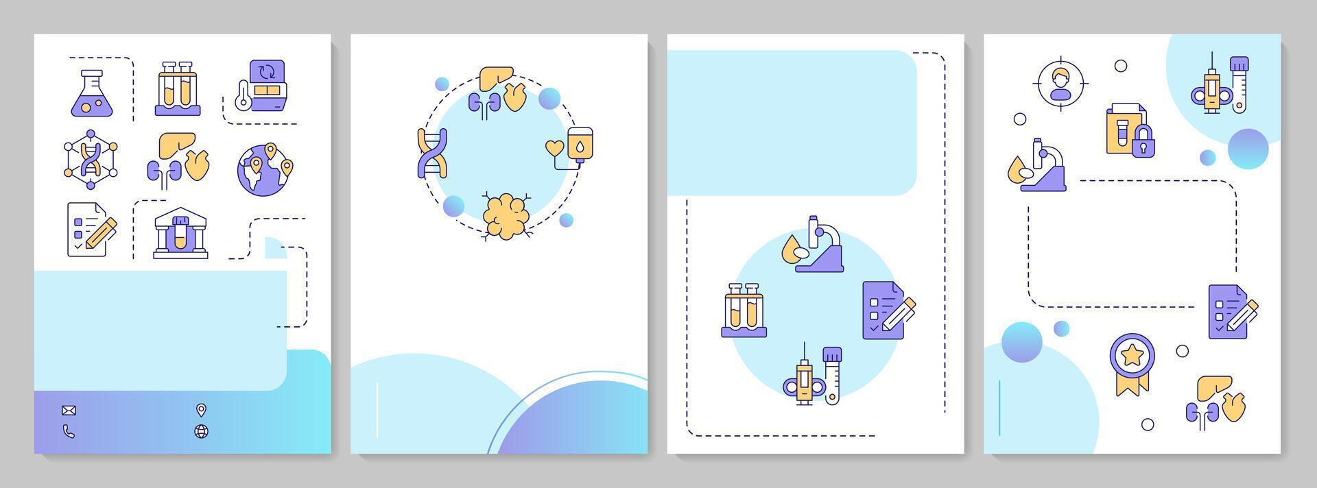 Biobanking blue circle brochure layout. Medical storage of human specimens. Leaflet advertising design with color line icons. Editable 4 pages vector