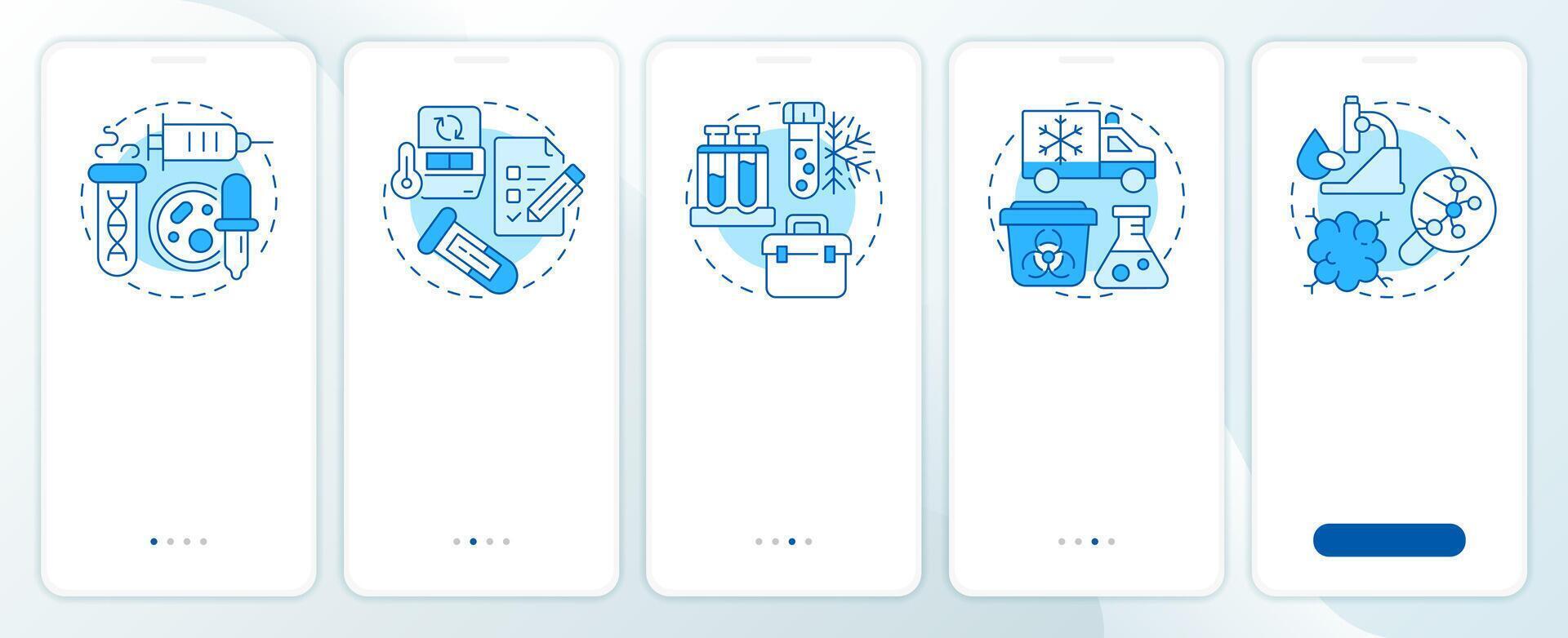 Specimen lifecycle blue onboarding mobile app screen. Biobanks research. Walkthrough 5 steps editable graphic instructions with linear concepts. UI, UX, GUI vector