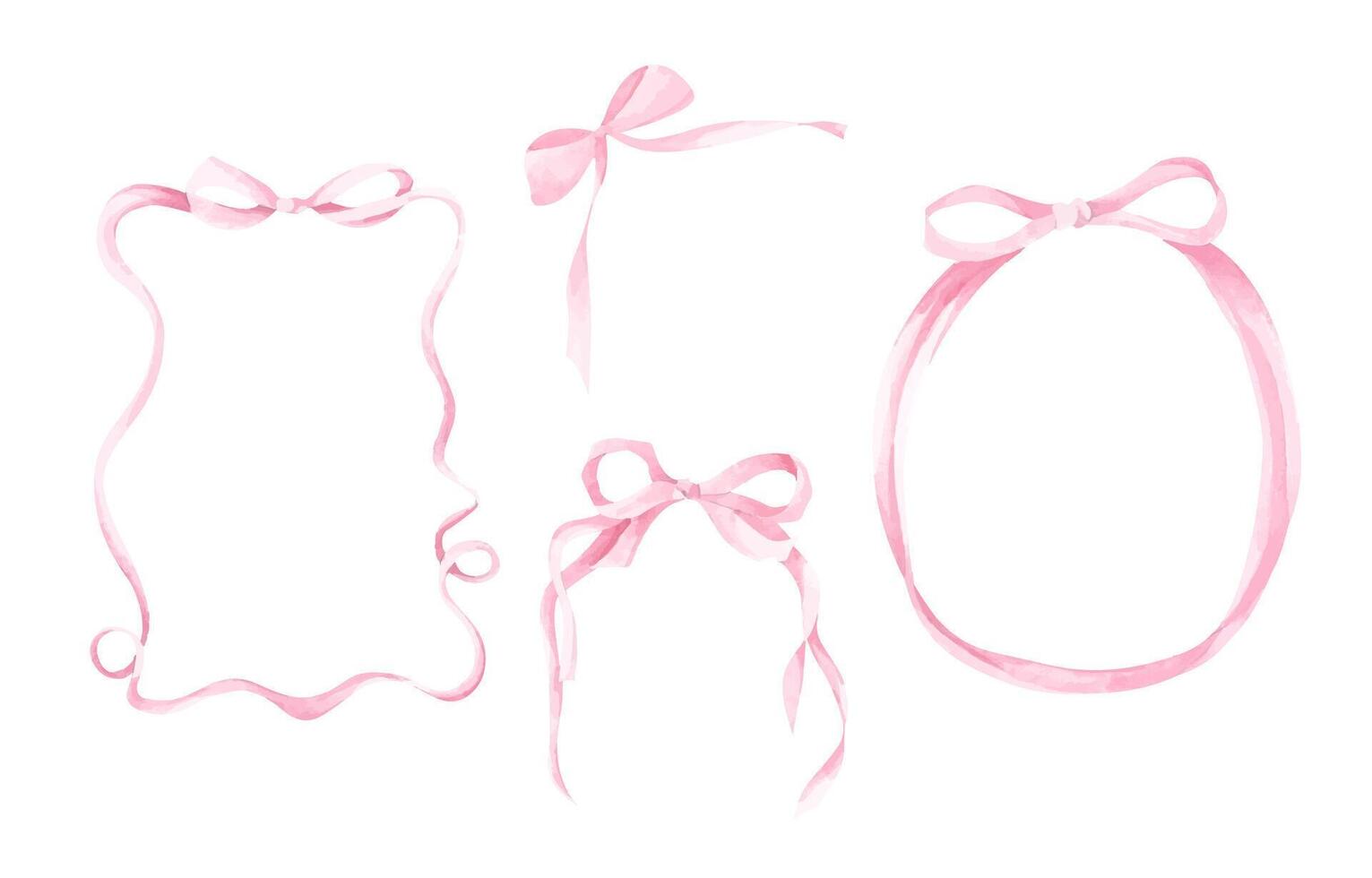 Set of Watercolor bow frame collection featuring coquette style ribbons in blush tones, ideal for cute card designs, decorative borders, and digital crafts. vector