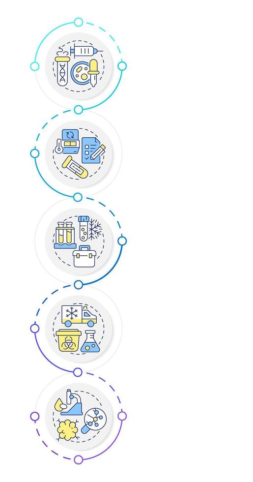 Specimen lifecycle infographic vertical sequence. Laboratory experiments with bio samples. Visualization infochart with 5 steps. Circles workflow vector